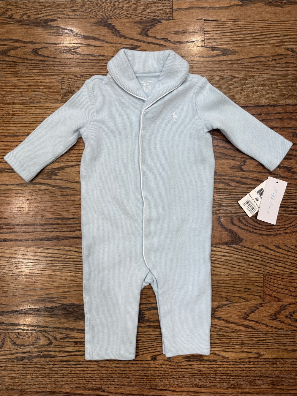Ralph Lauren Baby Blue Shawl-Collar Knit Cotton One-Piece 6M